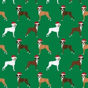 boxer santa paws fabric - cute christmas dog design -green