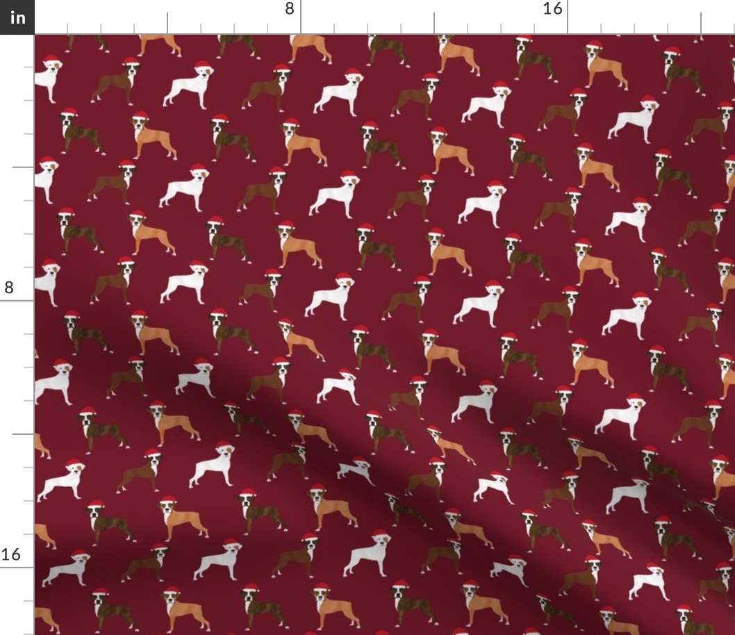 boxer santa paws fabric - cute christmas dog design - burgundy