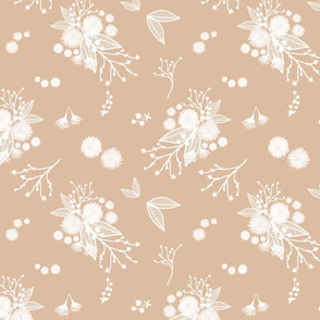 Marilyn's Floral Display - white on taupe, medium 