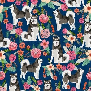 alaskan malamute floral fabric - dog florals, curly tail - navy