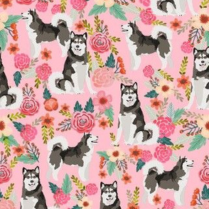 alaskan malamute floral fabric - dog florals, curly tail - pink