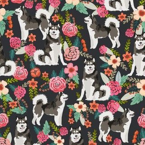 alaskan malamute floral fabric - dog florals, curly tail - almost black