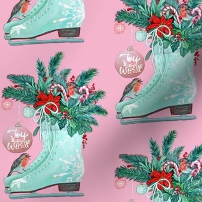 Christmas Ice skates, robins, candy canes, poinsettia and holly