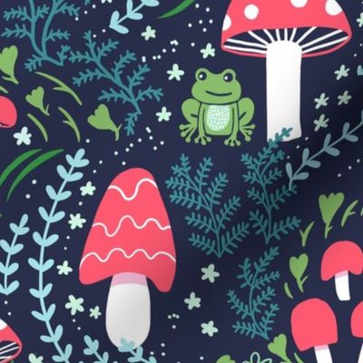 Vermilion Mushrooms, Toadstools and Frogs (L -18" repeat)