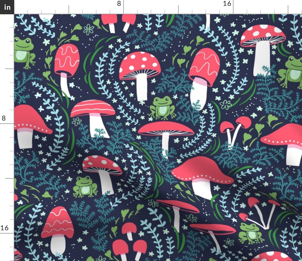 Vermilion Mushrooms, Toadstools and Frogs (L -18" repeat)