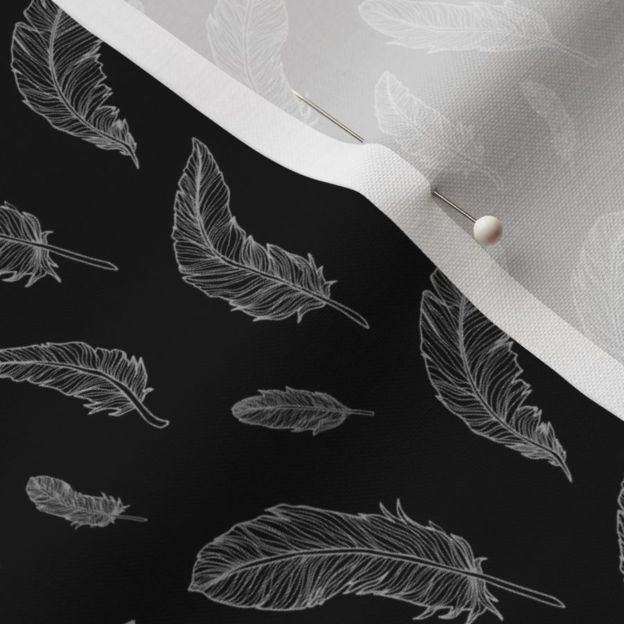 Silver Feathers on Black Background Pattern