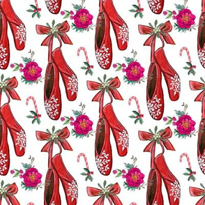 Red ballet shoes with snowflakes and poinsettia , candy canes, poinsettia and holly with mistletoe