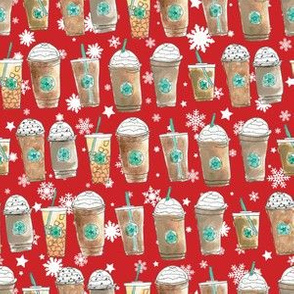 Coffee Cup Lineup in Red Snowflakes