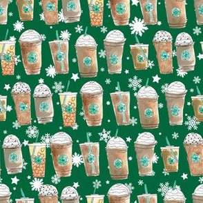 Coffee Cup Lineup in Green Snowflakes