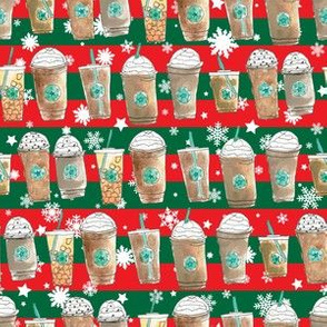 Coffee Cup Lineup in Green + Red Christmas Snowflake Stripe