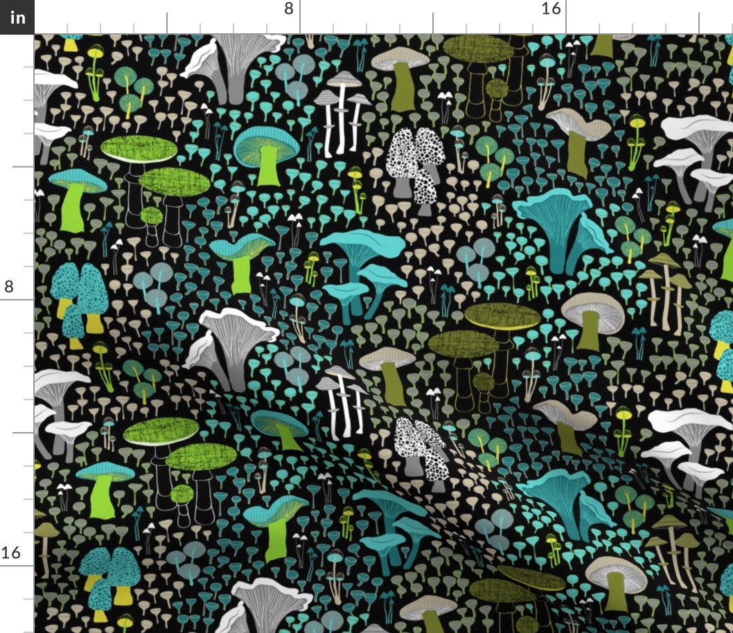 Mid Century Mushrooms ~ Black Green Aquamarine  Grey