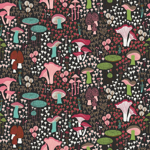 Mid Century Mushrooms ~ Black Pink Blue Green Grey