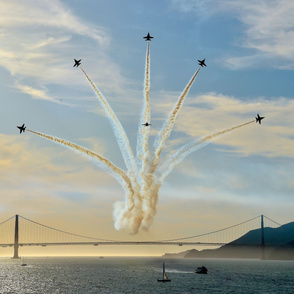 64-21 Blue Angels, perform the delta breakout maneuver over the Golden Gate Bridge during the San Francisco Fleet Week Air Show