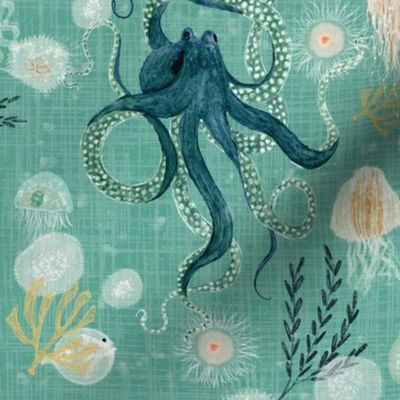 Octopus on teal stamp