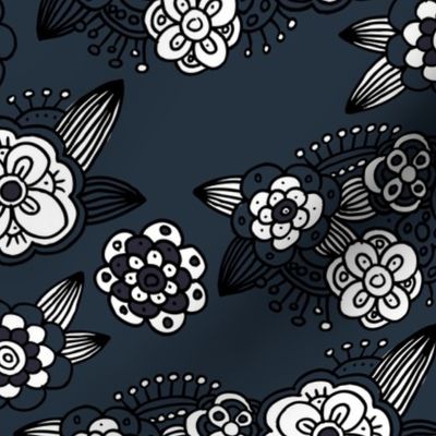 Vintage autumn winter garden botanical vintage leaves and flowers fall nursery seventies style navy blue black white