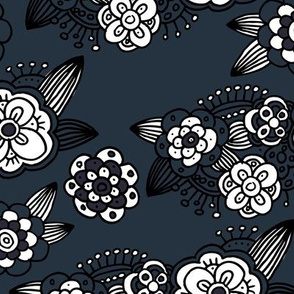 Vintage autumn winter garden botanical vintage leaves and flowers fall nursery seventies style navy blue black white