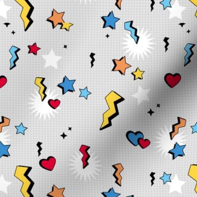 Retro Cartoon text design comic lightening bolts hearts and stars on gray