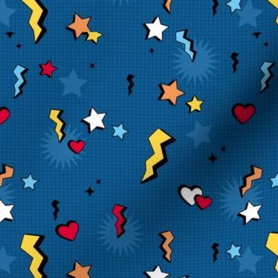 Retro Cartoon text design comic lightening bolts hearts and stars on blue