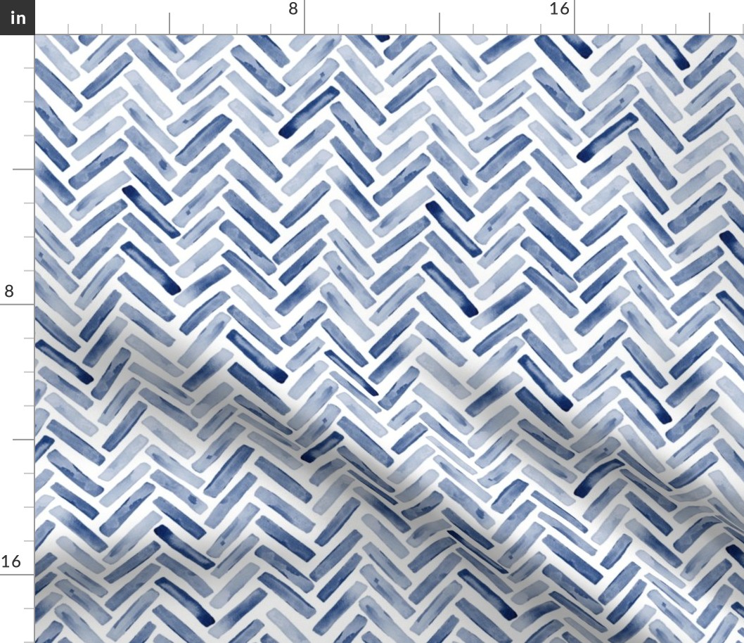 Indigo Blue Painted Chevron Herringbone Aquarel