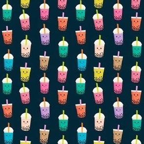 MINI Boba Tea fabric - boba fabric, kawaii fabric, cute fabric, food fabric, bubble tea fabric, bubble tea, kawaii food - navy