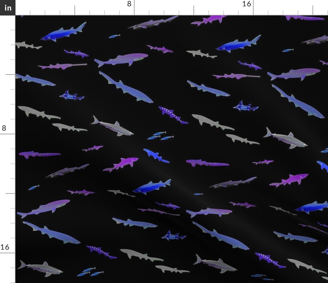 Deep Sea Sharks Scatter Neon on Black (lg)