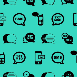 Fun Cell Phone Text Messaging Pattern in Black with Teal Blue Background (Large Scale)