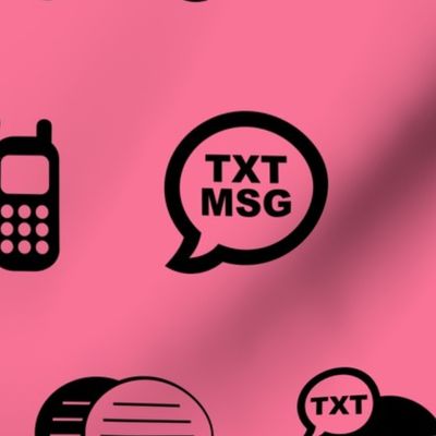 Fun Cell Phone Text Messaging Pattern in Black with Coral Pink Background (Large Scale)