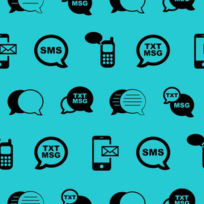 Fun Cell Phone Text Messaging Pattern in Black with Ocean Blue Background (Large Scale)