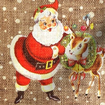 Cute Vintage Santa and Deer on burlap - large scale