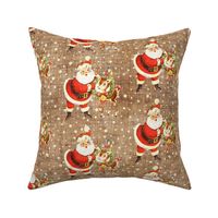 Cute Vintage Santa and Deer on burlap - medium scale