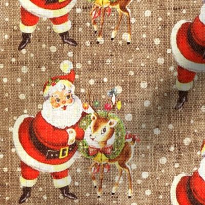 Cute Vintage Santa and Deer on burlap - medium scale