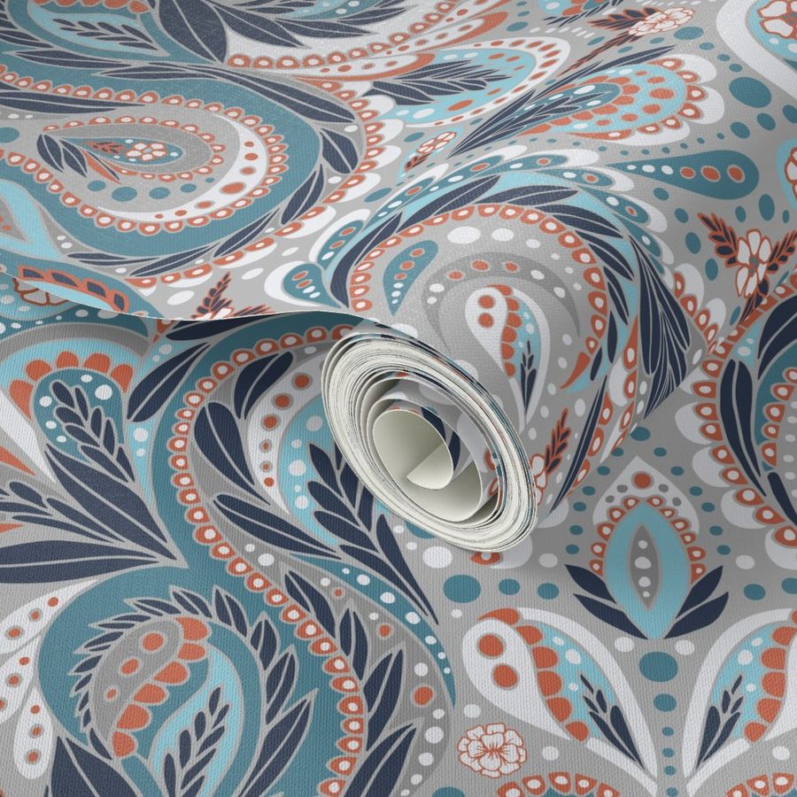 Paisley Pattern in Turquoise, Gray, and Orange