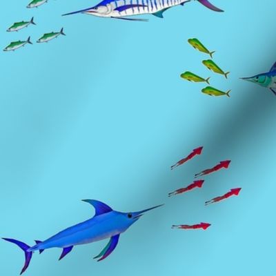  Billfish Assault Scatter vivids on cyan blue