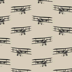 Antique Triplane Airplane Vintage Aviation Pattern in Black with Champagne Gold Background (Large Scale)
