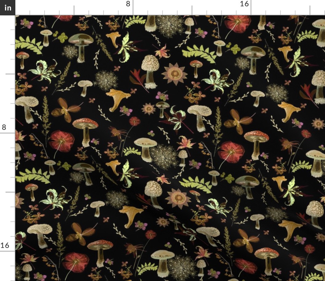 mushroom garden dark floral Fabric | Spoonflower