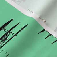 Antique Triplane Airplane Vintage Aviation Pattern in Black with Mint Green Background (Large Scale)