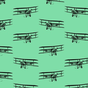 Antique Triplane Airplane Vintage Aviation Pattern in Black with Mint Green Background (Large Scale)
