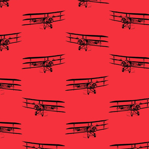 Antique Triplane Airplane Vintage Aviation Pattern in Black with Coral Red Background (Large Scale)
