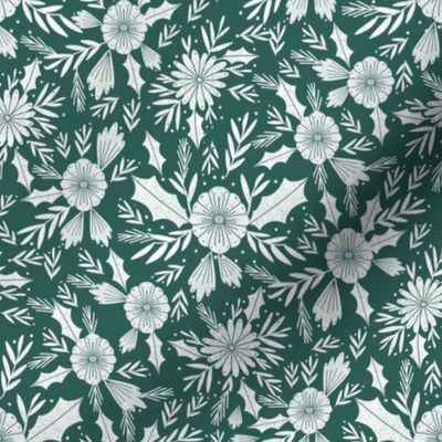 christmas woodcut botanical fabric - block print holiday design - spruce green