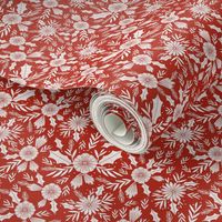 christmas woodcut botanical fabric - block print holiday design - red
