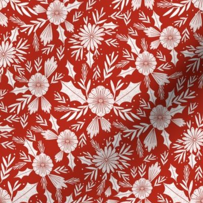 christmas woodcut botanical fabric - block print holiday design - red