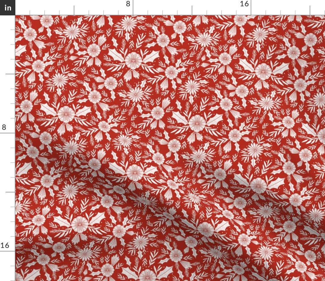 christmas woodcut botanical fabric - block print holiday design - red