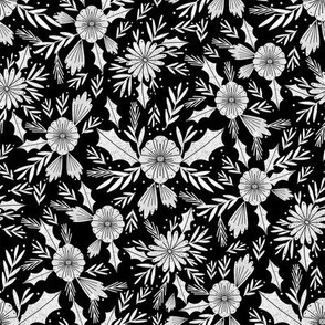 christmas woodcut botanical fabric - block print holiday design -  black