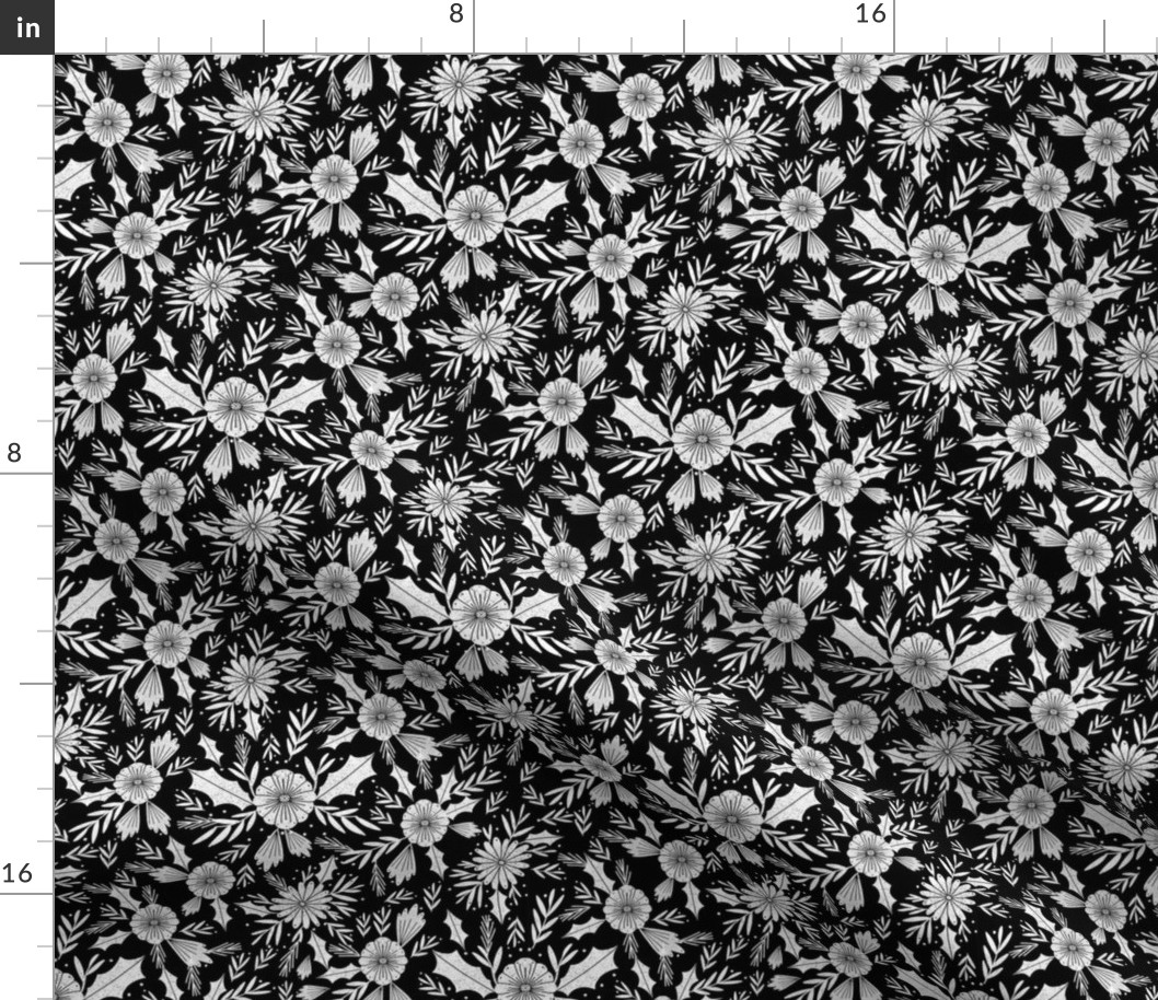 christmas woodcut botanical fabric - block print holiday design -  black