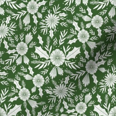 christmas woodcut botanical fabric - block print holiday design - green