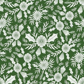 christmas woodcut botanical fabric - block print holiday design - green