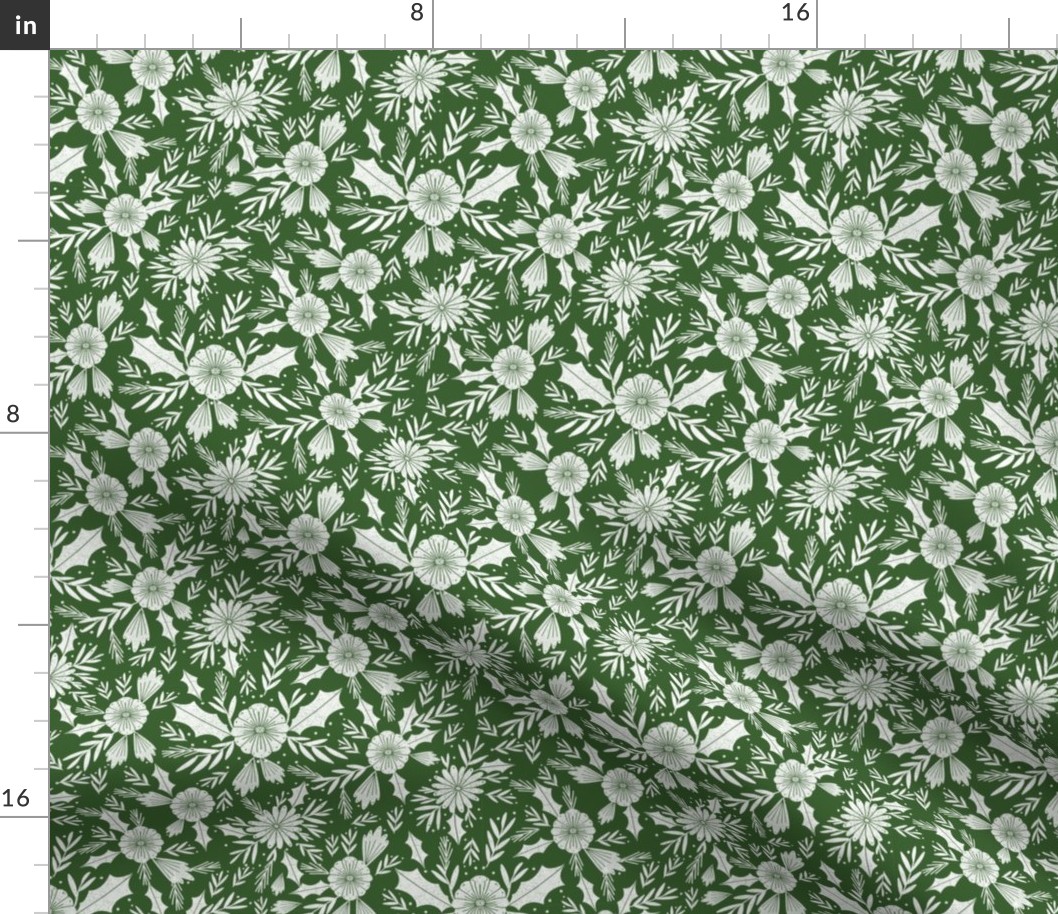 christmas woodcut botanical fabric - block print holiday design - green