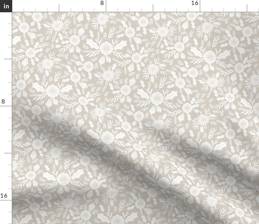 christmas woodcut botanical fabric - block print holiday design - neutral