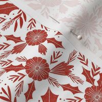 christmas woodcut botanical fabric - block print holiday design - white and red