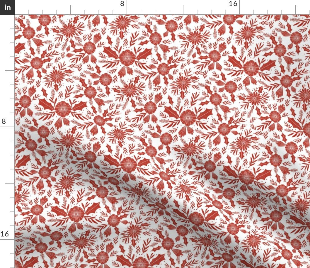 christmas woodcut botanical fabric - block print holiday design - white and red